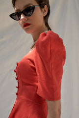 Linen Puff Sleeve Blouse with Sweetheart Neckline and Peplum Hem