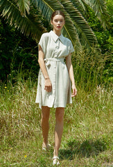 Short Sleeve Linen Shirt Dress with Front Buttons, Pointed Collar, and Adjustable Tie Waist Belt