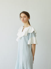 Linen Dress with Oversized Ruffle Collar and Asymmetric Hemline for Soft Feminine Statement Style