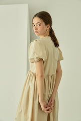 Puff Sleeve Linen Midi Dress with Gathered Waist and Crew Neckline for Feminine Everyday Wear