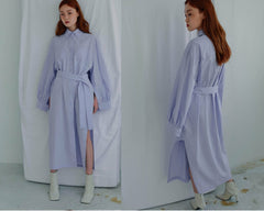 Structured Linen Shirt Dress with Waist Belt and Side Slit