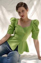 Structured Linen Peplum Top with Puff Sleeves and Asymmetrical Button Detail