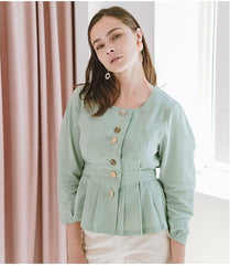 Tailored Linen Blouse with Pleated Waist and Decorative Front Buttons for Women