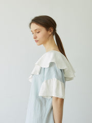 Linen Dress with Oversized Ruffle Collar and Asymmetric Hemline for Soft Feminine Statement Style