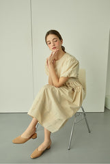Puff Sleeve Linen Midi Dress with Gathered Waist and Crew Neckline for Feminine Everyday Wear