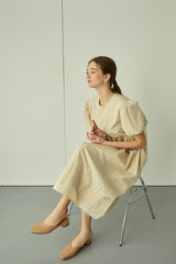 Puff Sleeve Linen Midi Dress with Gathered Waist and Crew Neckline for Feminine Everyday Wear