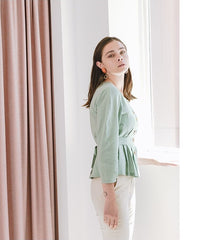 Tailored Linen Blouse with Pleated Waist and Decorative Front Buttons for Women