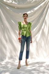 Structured Linen Peplum Top with Puff Sleeves and Asymmetrical Button Detail