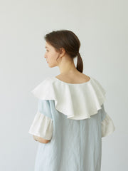 Linen Dress with Oversized Ruffle Collar and Asymmetric Hemline for Soft Feminine Statement Style