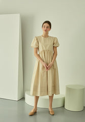 Puff Sleeve Linen Midi Dress with Gathered Waist and Crew Neckline for Feminine Everyday Wear