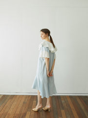Linen Dress with Oversized Ruffle Collar and Asymmetric Hemline for Soft Feminine Statement Style