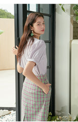 Puff Sleeve Linen Top with V-Neck and Button-Down Front