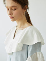 Linen Dress with Oversized Ruffle Collar and Asymmetric Hemline for Soft Feminine Statement Style