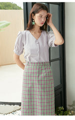 Puff Sleeve Linen Top with V-Neck and Button-Down Front