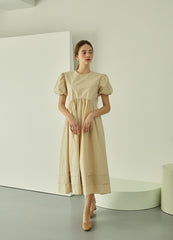 Puff Sleeve Linen Midi Dress with Gathered Waist and Crew Neckline for Feminine Everyday Wear