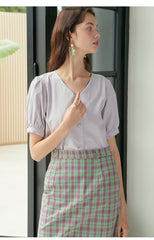 Puff Sleeve Linen Top with V-Neck and Button-Down Front