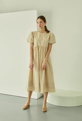 Puff Sleeve Linen Midi Dress with Gathered Waist and Crew Neckline for Feminine Everyday Wear