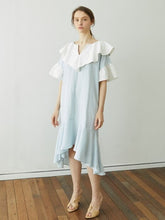 Linen Dress with Oversized Ruffle Collar and Asymmetric Hemline for Soft Feminine Statement Style