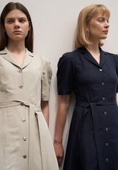 Women's Short Sleeve Linen Shirt Dress – Button Front Midi Dress with Belted Waist