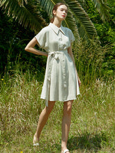 Short Sleeve Linen Shirt Dress with Front Buttons, Pointed Collar, and Adjustable Tie Waist Belt