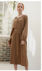 Women's Long Sleeve Midi Dress in Viscose Blend with Button-Front and Drawstring Waist