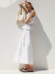 High-Waisted Linen Midi Skirt with Wrap Detail and Back Slit – Lightweight Summer Essential