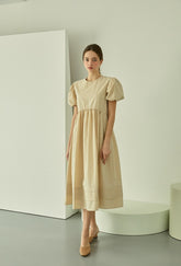 Puff Sleeve Linen Midi Dress with Gathered Waist and Crew Neckline for Feminine Everyday Wear