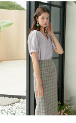 Puff Sleeve Linen Top with V-Neck and Button-Down Front