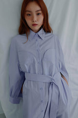 Structured Linen Shirt Dress with Waist Belt and Side Slit