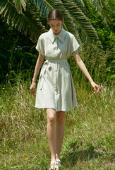 Short Sleeve Linen Shirt Dress with Front Buttons, Pointed Collar, and Adjustable Tie Waist Belt