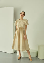 Puff Sleeve Linen Midi Dress with Gathered Waist and Crew Neckline for Feminine Everyday Wear