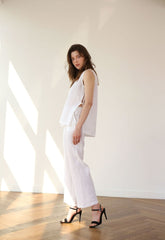 High-Waisted Wide-Leg Linen Trousers with Elastic Waistband