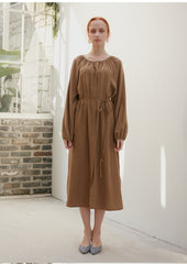 Women's Long Sleeve Midi Dress in Viscose Blend with Button-Front and Drawstring Waist