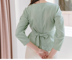 Tailored Linen Blouse with Pleated Waist and Decorative Front Buttons for Women