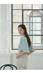 Button-Down Linen Shirt with Puff Sleeves – Lightweight Premium Linen Blouse for Women