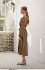 Women's Long Sleeve Midi Dress in Viscose Blend with Button-Front and Drawstring Waist