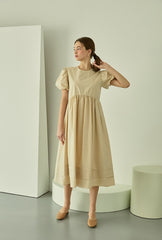 Puff Sleeve Linen Midi Dress with Gathered Waist and Crew Neckline for Feminine Everyday Wear