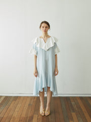 Linen Dress with Oversized Ruffle Collar and Asymmetric Hemline for Soft Feminine Statement Style