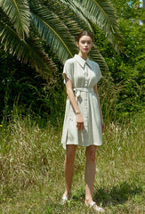 Short Sleeve Linen Shirt Dress with Front Buttons, Pointed Collar, and Adjustable Tie Waist Belt