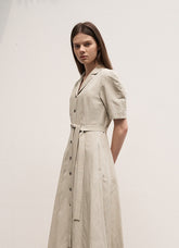 Women's Short Sleeve Linen Shirt Dress – Button Front Midi Dress with Belted Waist