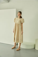 Puff Sleeve Linen Midi Dress with Gathered Waist and Crew Neckline for Feminine Everyday Wear