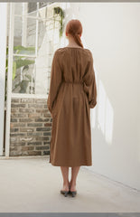 Women's Long Sleeve Midi Dress in Viscose Blend with Button-Front and Drawstring Waist