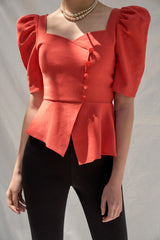 Linen Puff Sleeve Blouse with Sweetheart Neckline and Peplum Hem
