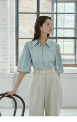 Button-Down Linen Shirt with Puff Sleeves – Lightweight Premium Linen Blouse for Women