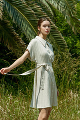 Short Sleeve Linen Shirt Dress with Front Buttons, Pointed Collar, and Adjustable Tie Waist Belt