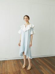 Linen Dress with Oversized Ruffle Collar and Asymmetric Hemline for Soft Feminine Statement Style