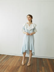 Linen Dress with Oversized Ruffle Collar and Asymmetric Hemline for Soft Feminine Statement Style
