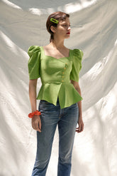 Structured Linen Peplum Top with Puff Sleeves and Asymmetrical Button Detail