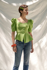 Structured Linen Peplum Top with Puff Sleeves and Asymmetrical Button Detail