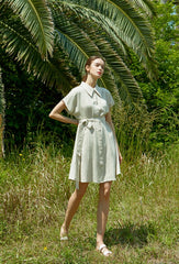 Short Sleeve Linen Shirt Dress with Front Buttons, Pointed Collar, and Adjustable Tie Waist Belt